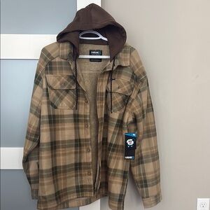 Tony Hawk Men's Sherpa Polar Fleece Brown Plaid Jacket with Hood